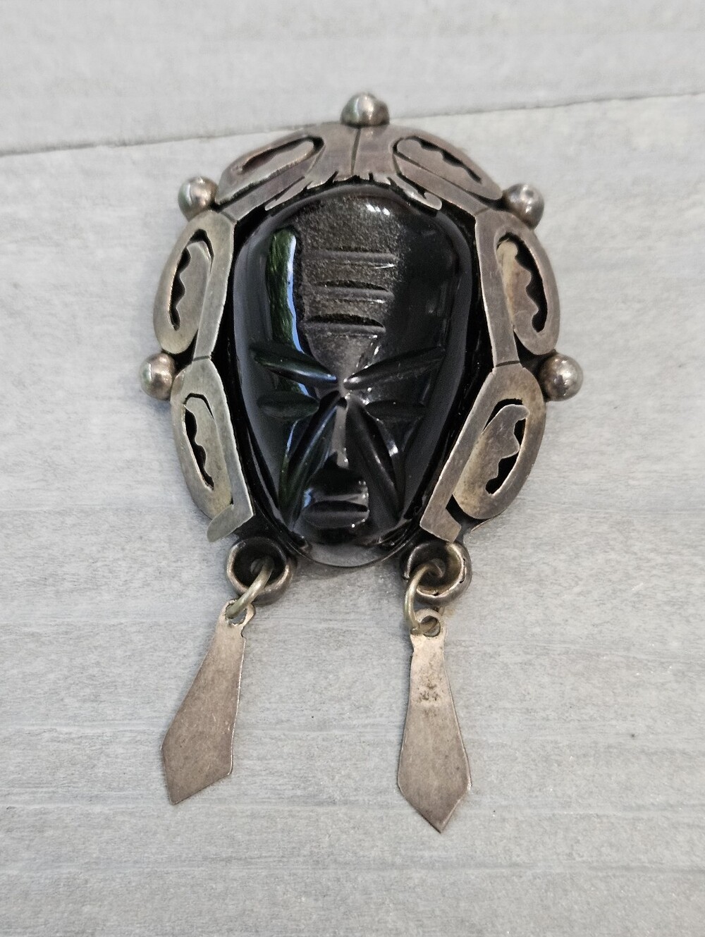 Sterling Silver Mexican Onxy Brooch Pendant